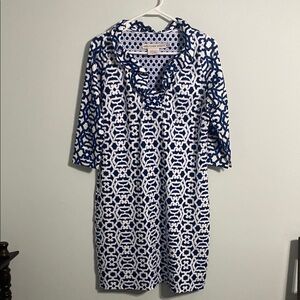 Gretchen Scott Designs Blue and White Sheath Dress with Cowl Neck